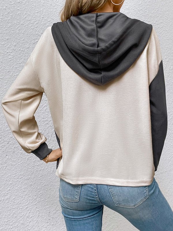 New women's long - sleeved contrast color hooded sweater - Outerwear